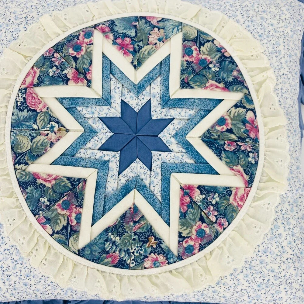Vintage Handmade Amish Quilt Star Throw Pillow Blue White Floral Patchwork Ruffl